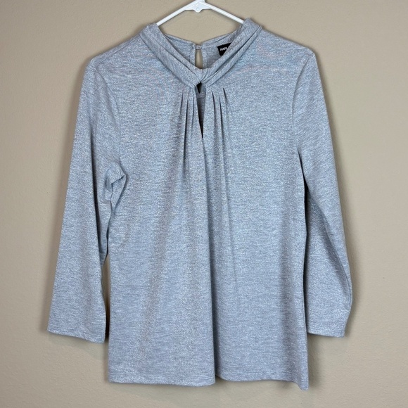 Karl Lagerfeld Tops - Karl Lagerfeld Paris Silver Shimmer Pleated Front/Keyhole Knit 3/4 Sleeve Blouse